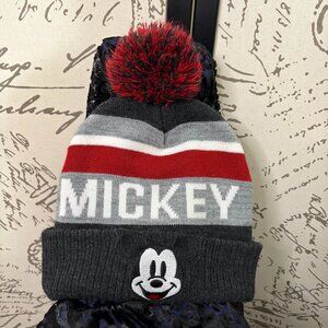 Disney Mickey Mouse Gray Red Black Knit Pom Cap Hat Striped Beanie One Size